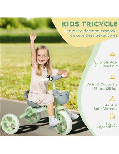 AIYAPLAY Kids Trike, Toddler Tricycle with Front Basket and EVA Wheels for Ages 2-5 Years, Indoor Outdoor for Boys Girls, Green