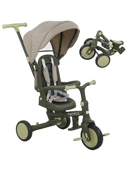 AIYAPLAY 5 in 1 Kids Trike with Adjustable Backrest, Toddler Tricycle with Push Handlebar, Adjustable Backrest, Dark Green - pic 175542 | FastDaddyshop