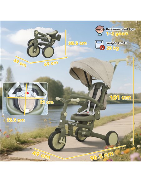 AIYAPLAY 5 in 1 Kids Trike with Adjustable Backrest, Toddler Tricycle with Push Handlebar, Adjustable Backrest, Dark Green - pic 175544 | FastDaddyshop