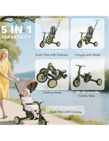 AIYAPLAY 5 in 1 Kids Trike with Adjustable Backrest, Toddler Tricycle with Push Handlebar, Adjustable Backrest, Dark Green