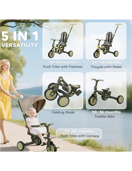 AIYAPLAY 5 in 1 Kids Trike with Adjustable Backrest, Toddler Tricycle with Push Handlebar, Adjustable Backrest, Dark Green - pic 175545 | FastDaddyshop