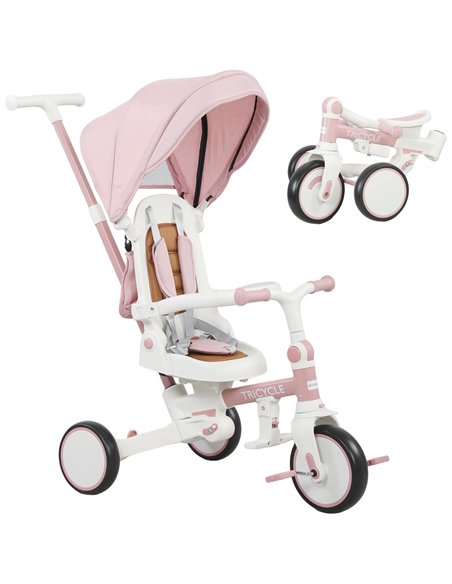 AIYAPLAY 5 in 1 Kids Trike with Adjustable Backrest, Toddler Tricycle with Push Handlebar, Adjustable Backrest, Pink - pic 175551 | FastDaddyshop