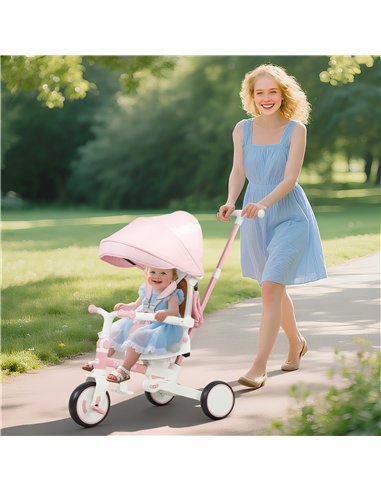 AIYAPLAY 5 in 1 Kids Trike with Adjustable Backrest, Toddler Tricycle with Push Handlebar, Adjustable Backrest, Pink