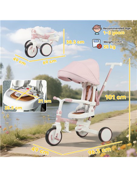 AIYAPLAY 5 in 1 Kids Trike with Adjustable Backrest, Toddler Tricycle with Push Handlebar, Adjustable Backrest, Pink - pic 175553 | FastDaddyshop