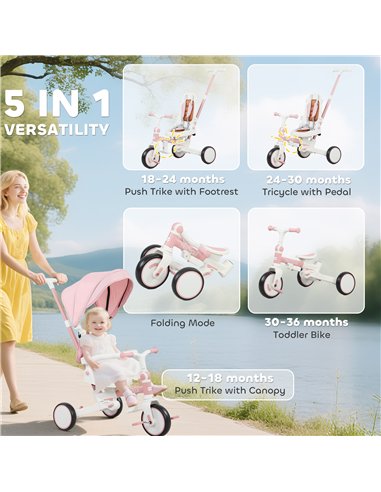 AIYAPLAY 5 in 1 Kids Trike with Adjustable Backrest, Toddler Tricycle with Push Handlebar, Adjustable Backrest, Pink