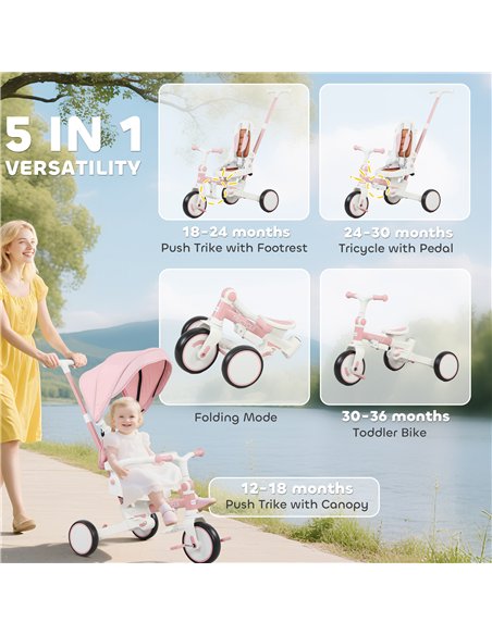AIYAPLAY 5 in 1 Kids Trike with Adjustable Backrest, Toddler Tricycle with Push Handlebar, Adjustable Backrest, Pink - pic 175554 | FastDaddyshop