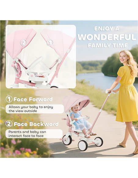 AIYAPLAY 5 in 1 Kids Trike with Adjustable Backrest, Toddler Tricycle with Push Handlebar, Adjustable Backrest, Pink - pic 175556 | FastDaddyshop