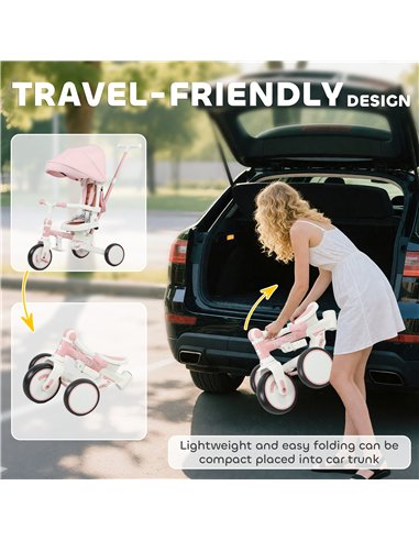 AIYAPLAY 5 in 1 Kids Trike with Adjustable Backrest, Toddler Tricycle with Push Handlebar, Adjustable Backrest, Pink