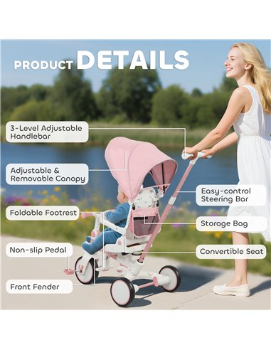 AIYAPLAY 5 in 1 Kids Trike with Adjustable Backrest, Toddler Tricycle with Push Handlebar, Adjustable Backrest, Pink