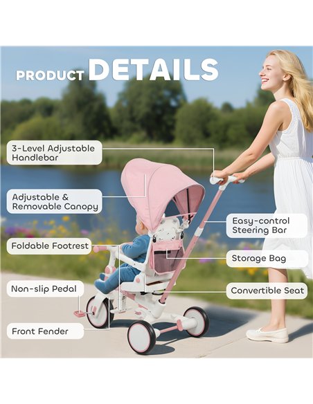AIYAPLAY 5 in 1 Kids Trike with Adjustable Backrest, Toddler Tricycle with Push Handlebar, Adjustable Backrest, Pink - pic 175559 | FastDaddyshop