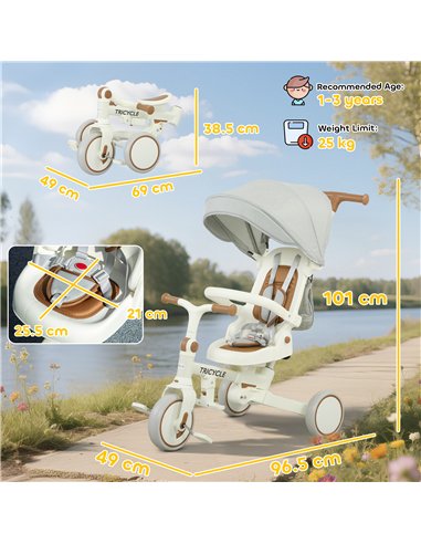 AIYAPLAY 5 in 1 Kids Trike with Adjustable Backrest, Toddler Tricycle with Push Handlebar, Adjustable Backrest, Pink