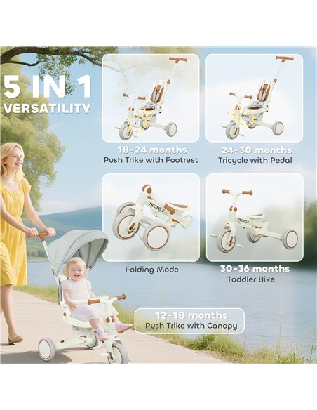 AIYAPLAY 5 in 1 Kids Trike with Adjustable Backrest, Toddler Tricycle with Push Handlebar, Adjustable Backrest, Pink - pic 175563 | FastDaddyshop