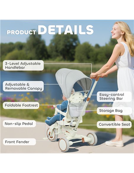 AIYAPLAY 5 in 1 Kids Trike with Adjustable Backrest, Toddler Tricycle with Push Handlebar, Adjustable Backrest, Pink - pic 175568 | FastDaddyshop