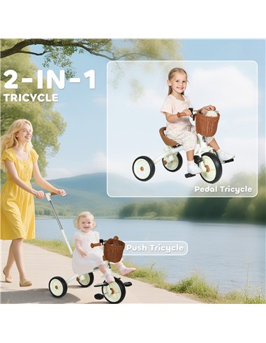 AIYAPLAY 2-In-1 Toddler Trike for 2-5 Years Old, 3 Wheel Bike with Adjustable Parent Handle, Basket for Boys and Girls, White