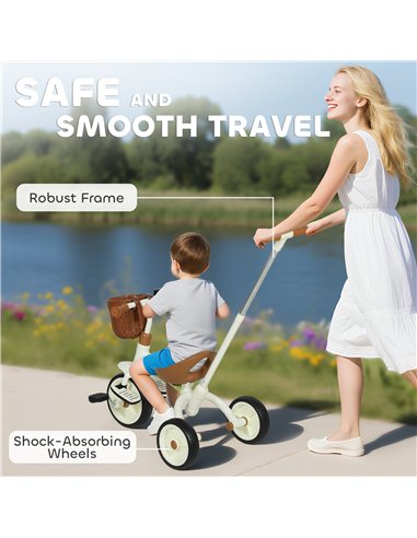 AIYAPLAY 2-In-1 Toddler Trike for 2-5 Years Old, 3 Wheel Bike with Adjustable Parent Handle, Basket for Boys and Girls, White