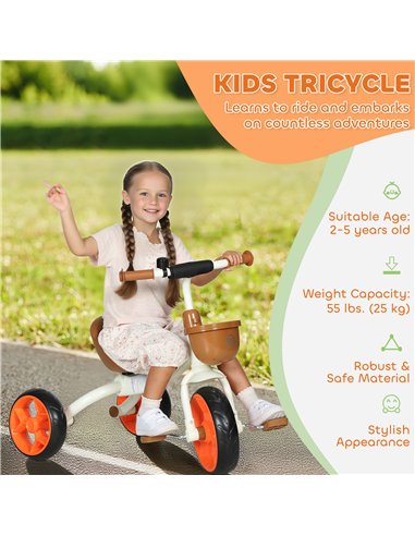 AIYAPLAY Kids Trike, Toddler Tricycle with Front Basket and EVA Wheels for Ages 2-5 Years, Indoor Outdoor for Boys Girls, Orange