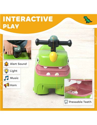 AIYAPLAY Kids Ride On Car, Dinosaur Foot to Floor Slider with Storage, Toddler Walker with Light, Sounds, Green