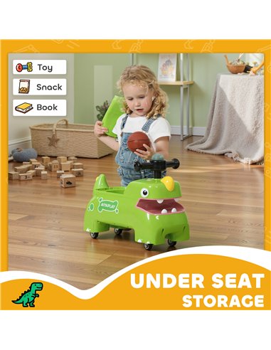 AIYAPLAY Kids Ride On Car, Dinosaur Foot to Floor Slider with Storage, Toddler Walker with Light, Sounds, Green