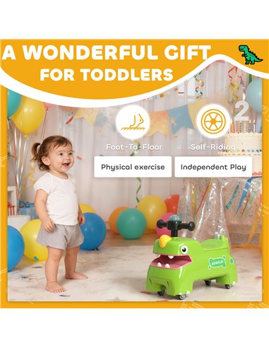 AIYAPLAY Kids Ride On Car, Dinosaur Foot to Floor Slider with Storage, Toddler Walker with Light, Sounds, Green