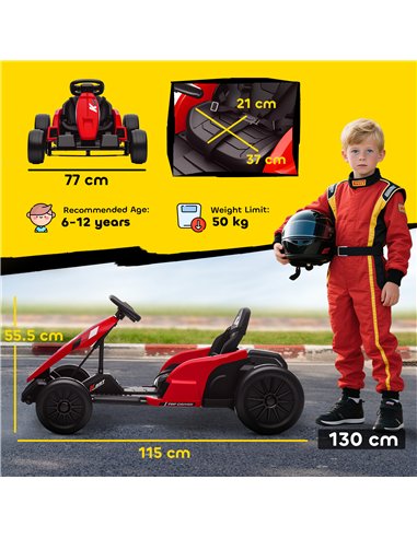 AIYAPLAY 24V Electric Go Kart, Drift Kart with Adjustable Seat, Slow Start, 5-Point Harness, Music, Horn, for 6-12 Years, Red