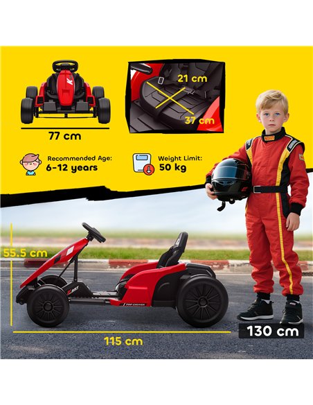 AIYAPLAY 24V Electric Go Kart, Drift Kart with Adjustable Seat, Slow Start, 5-Point Harness, Music, Horn, for 6-12 Years, Red - pic 175670 | FastDaddyshop