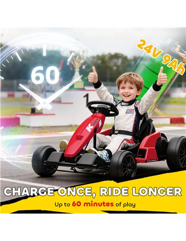 AIYAPLAY 24V Electric Go Kart, Drift Kart with Adjustable Seat, Slow Start, 5-Point Harness, Music, Horn, for 6-12 Years, Red