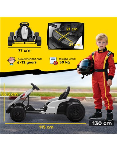 AIYAPLAY 24V Electric Go Kart, Drift Kart with Adjustable Seat, Slow Start, 5-Point Harness, Music, Horn, for 6-12 Years, White