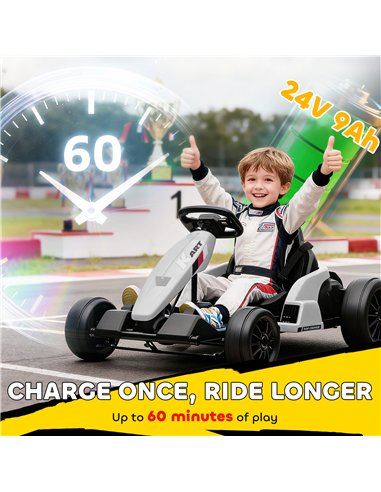 AIYAPLAY 24V Electric Go Kart, Drift Kart with Adjustable Seat, Slow Start, 5-Point Harness, Music, Horn, for 6-12 Years, White