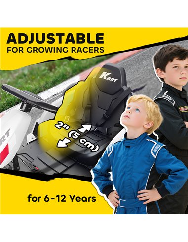 AIYAPLAY 24V Electric Go Kart, Drift Kart with Adjustable Seat, Slow Start, 5-Point Harness, Music, Horn, for 6-12 Years, White