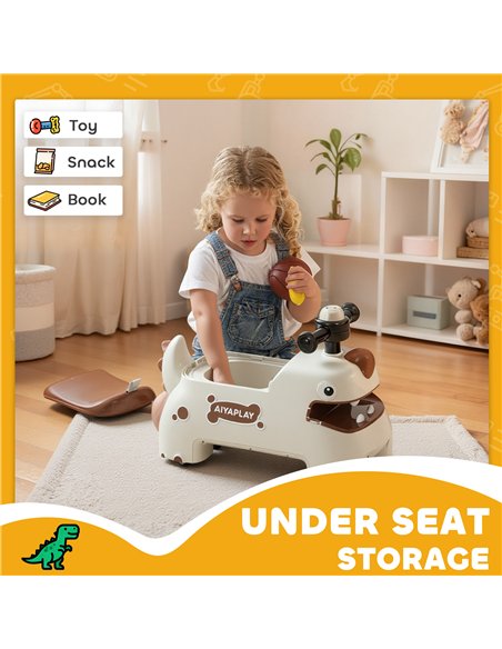 AIYAPLAY Kids Ride On Car, Dinosaur Foot to Floor Slider with Storage, Toddler Walker with Light, Sounds, Cream - pic 175727 | FastDaddyshop