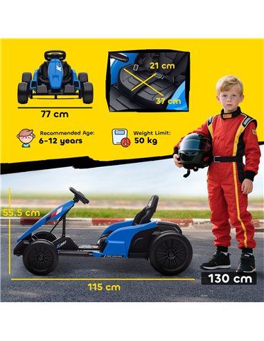 AIYAPLAY 24V Electric Go Kart, Drift Kart with Adjustable Seat, Slow Start, 5-Point Harness, Music, Horn, for 6-12 Years, Blue