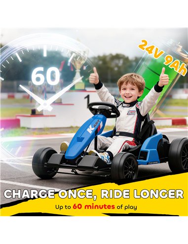 AIYAPLAY 24V Electric Go Kart, Drift Kart with Adjustable Seat, Slow Start, 5-Point Harness, Music, Horn, for 6-12 Years, Blue