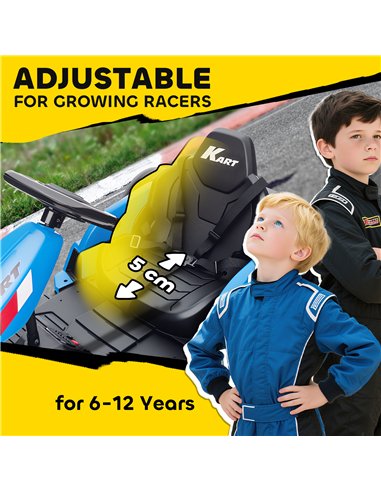 AIYAPLAY 24V Electric Go Kart, Drift Kart with Adjustable Seat, Slow Start, 5-Point Harness, Music, Horn, for 6-12 Years, Blue