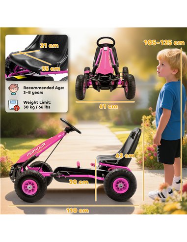 AIYAPLAY Kids Pedal Go Kart with Adjustable Seat, EVA Tyres, Manual Clutch, Brake, Go Kart for Kids 3-8 Years, Pink