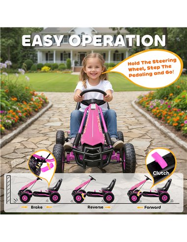 AIYAPLAY Kids Pedal Go Kart with Adjustable Seat, EVA Tyres, Manual Clutch, Brake, Go Kart for Kids 3-8 Years, Pink