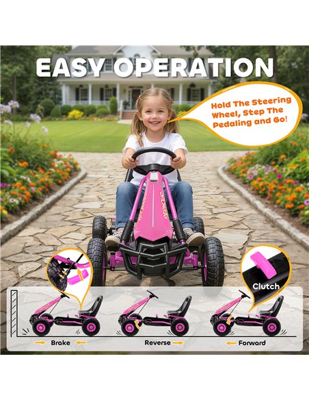 AIYAPLAY Kids Pedal Go Kart with Adjustable Seat, EVA Tyres, Manual Clutch, Brake, Go Kart for Kids 3-8 Years, Pink - pic 175806 | FastDaddyshop