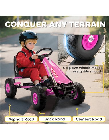 AIYAPLAY Kids Pedal Go Kart with Adjustable Seat, EVA Tyres, Manual Clutch, Brake, Go Kart for Kids 3-8 Years, Pink