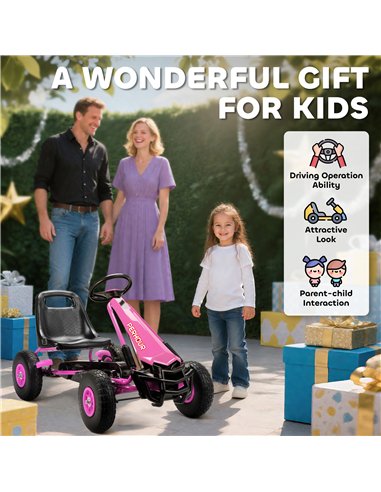 AIYAPLAY Kids Pedal Go Kart with Adjustable Seat, EVA Tyres, Manual Clutch, Brake, Go Kart for Kids 3-8 Years, Pink