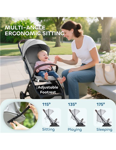 AIYAPLAY Foldable Baby Stroller with Adjustable Seat, 5-Point Harness, Canopy, Basket, 6.3kg Lightweight & Compact, Light Grey - pic 175896 | FastDaddyshop