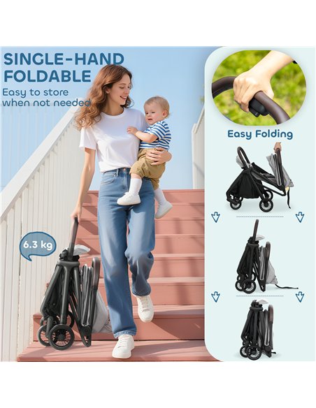 AIYAPLAY Foldable Baby Stroller with Adjustable Seat, 5-Point Harness, Canopy, Basket, 6.3kg Lightweight & Compact, Light Grey - pic 175897 | FastDaddyshop
