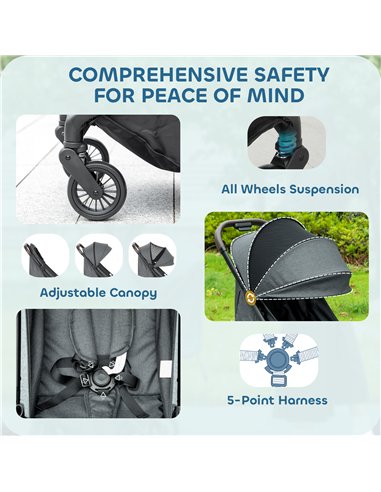 AIYAPLAY Foldable Baby Stroller with Adjustable Seat, 5-Point Harness, Canopy, Basket, 6.3kg Lightweight & Compact, Dark Grey