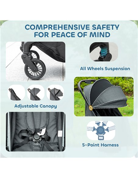 AIYAPLAY Foldable Baby Stroller with Adjustable Seat, 5-Point Harness, Canopy, Basket, 6.3kg Lightweight & Compact, Dark Grey - pic 175908 | FastDaddyshop