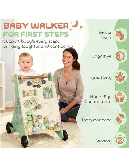 AIYAPLAY Wooden Baby Walker, Push Along Walker Toys with Speed Control, Xylophone, gears and Bead Maze, Green - pic 175932 | FastDaddyshop