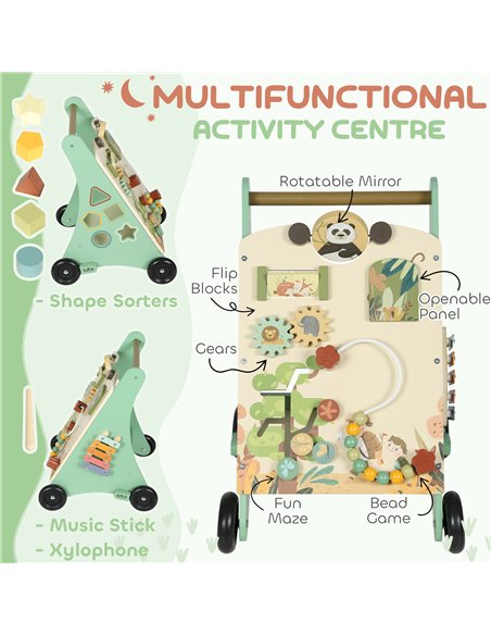 AIYAPLAY Wooden Baby Walker, Push Along Walker Toys with Speed Control, Xylophone, gears and Bead Maze, Green - pic 175933 | FastDaddyshop