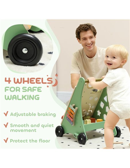 AIYAPLAY Wooden Baby Walker, Push Along Walker Toys with Speed Control, Xylophone, gears and Bead Maze, Green - pic 175934 | FastDaddyshop