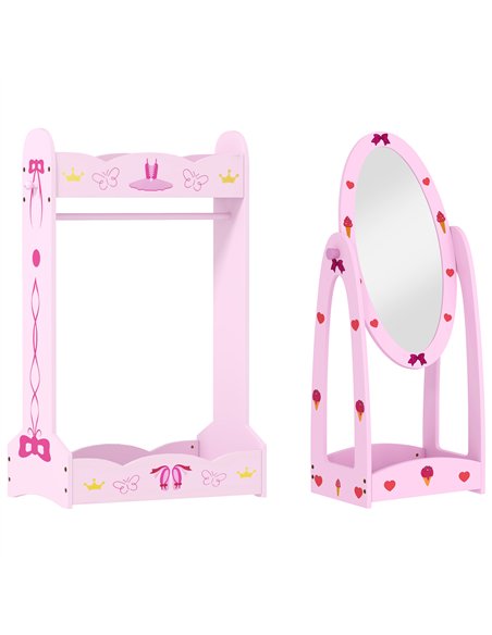 AIYAPLAY Kids Clothes Rail, Kids Dressing Mirror with 360° Rotating, 2 Piece Kids Furniture Set with Storage Shelves, Pink - pic 176037 | FastDaddyshop