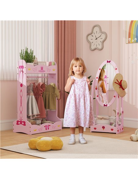 AIYAPLAY Kids Clothes Rail, Kids Dressing Mirror with 360° Rotating, 2 Piece Kids Furniture Set with Storage Shelves, Pink - pic 176038 | FastDaddyshop