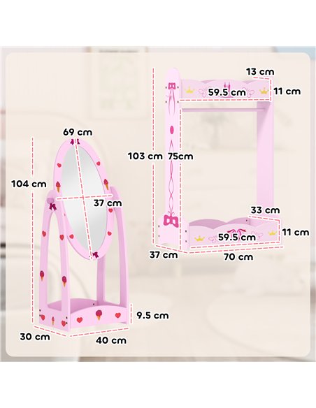 AIYAPLAY Kids Clothes Rail, Kids Dressing Mirror with 360° Rotating, 2 Piece Kids Furniture Set with Storage Shelves, Pink - pic 176039 | FastDaddyshop