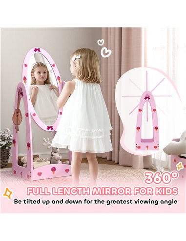 AIYAPLAY Kids Clothes Rail, Kids Dressing Mirror with 360° Rotating, 2 Piece Kids Furniture Set with Storage Shelves, Pink