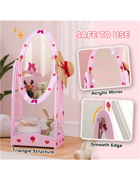 AIYAPLAY Kids Clothes Rail, Kids Dressing Mirror with 360° Rotating, 2 Piece Kids Furniture Set with Storage Shelves, Pink - pic 176043 | FastDaddyshop